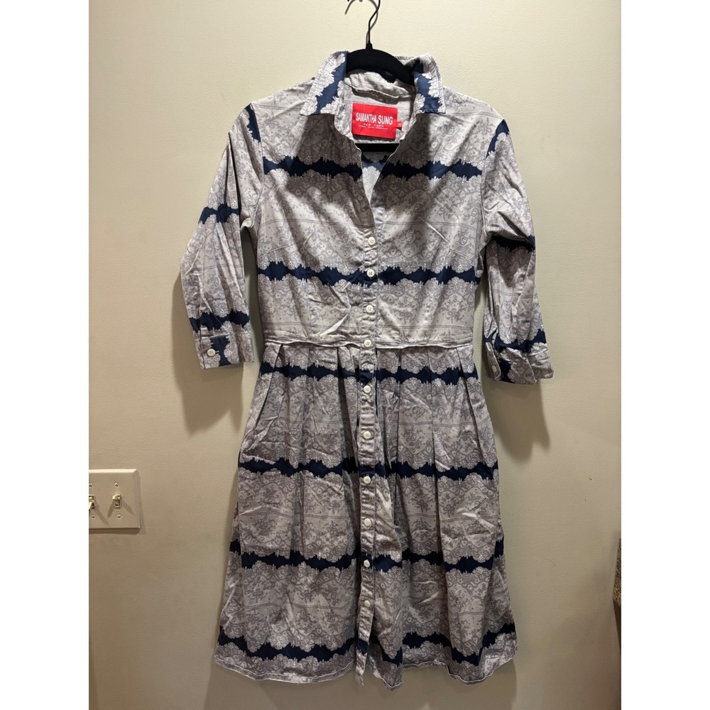 Samantha‎ Sung Blue Gray Edwardian Lace Print Candice Dress Size 6 Knee-Length